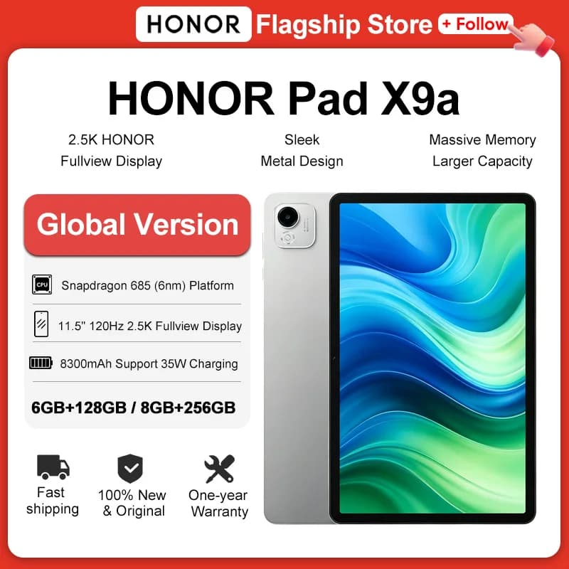 الإصدار العالمي HONOR Pad X9a شاشة 11.5 بوصة بمعدل تحديث 120Hz ودقة 2.5K مع معالج Snapdragon 685 وهيكل معدني رقيق يدعم WiFi/LTE ونظام Android 15 وبطارية 8300mAh