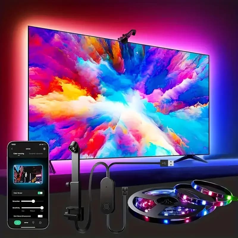 إضاءة خلفية تلفزيون LED RGBIC مع شريط إضاءة LED وحساس كاميرا وتحكم عبر التطبيق ومزامنة الموسيقى وإضاءة RGB ذكية لأجواء الألعاب