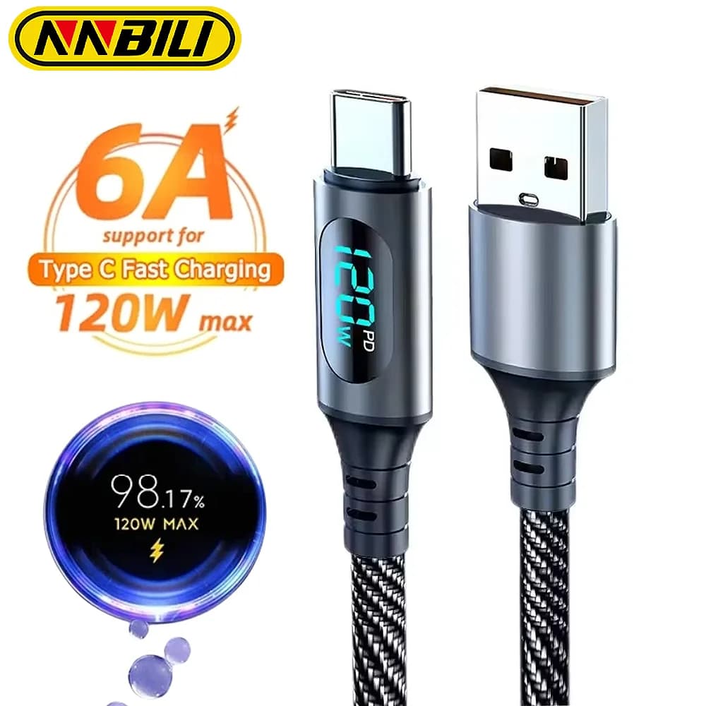 NNBILI 6A 120W USBA إلى النوع C كابل شحن سريع للغاية سلك بيانات نايلون لشاومي POCO سامسونج مع كابل شاشة ديجيتال Led