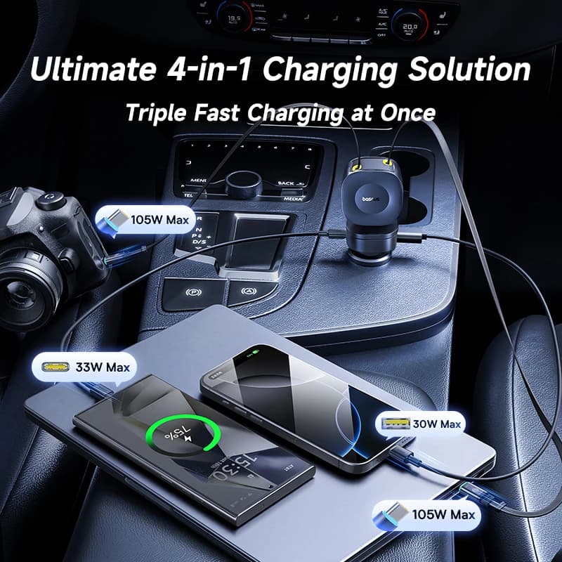 شاحن سيارة Baseus بقوة 240W مع 4 منافذ وكابل قابل للسحب وشحن سريع USB Type-C لجهاز Samsung و iPhone و Xiaomi - 3