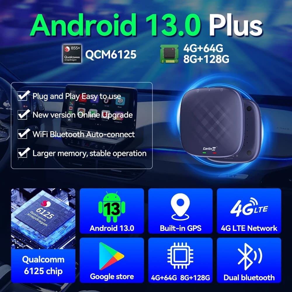CarlinKit أندرويد أوتو كاربلاي لاسلكي أندرويد 13 صندوق تلفزيون AI QCM6125 8 نواة شاشة منقسمة 64G 128G لنتفليكس يوتيوب بلاي ستور - 2