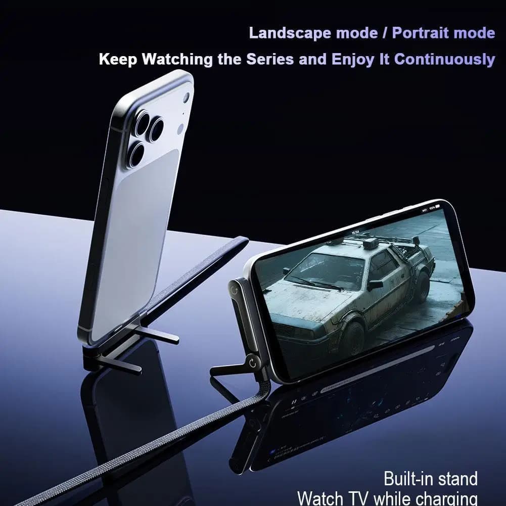 كابل 2 في 1 PD USB C بقوة 240 واط مع حامل هاتف قابل للطي والدوران 90 درجة كوع مخصص للألعاب كابل مضفر بسرعة 480 ميجابت/ثانية شحن سريع ونقل بيانات - 3