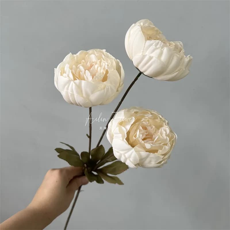 3heads peony cored peony artificial flower fake rose wedding living room decoration - 5