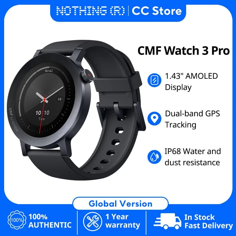 ساعة ذكية Nothing CMF Watch 3 Pro الإصدار العالمي بشاشة AMOLED مقاس 1.43 بوصة، 131 وضع رياضي، مراقب الأكسجين في الدم، نظام تحديد المواقع المزدوج، مكالمات بلوتوث