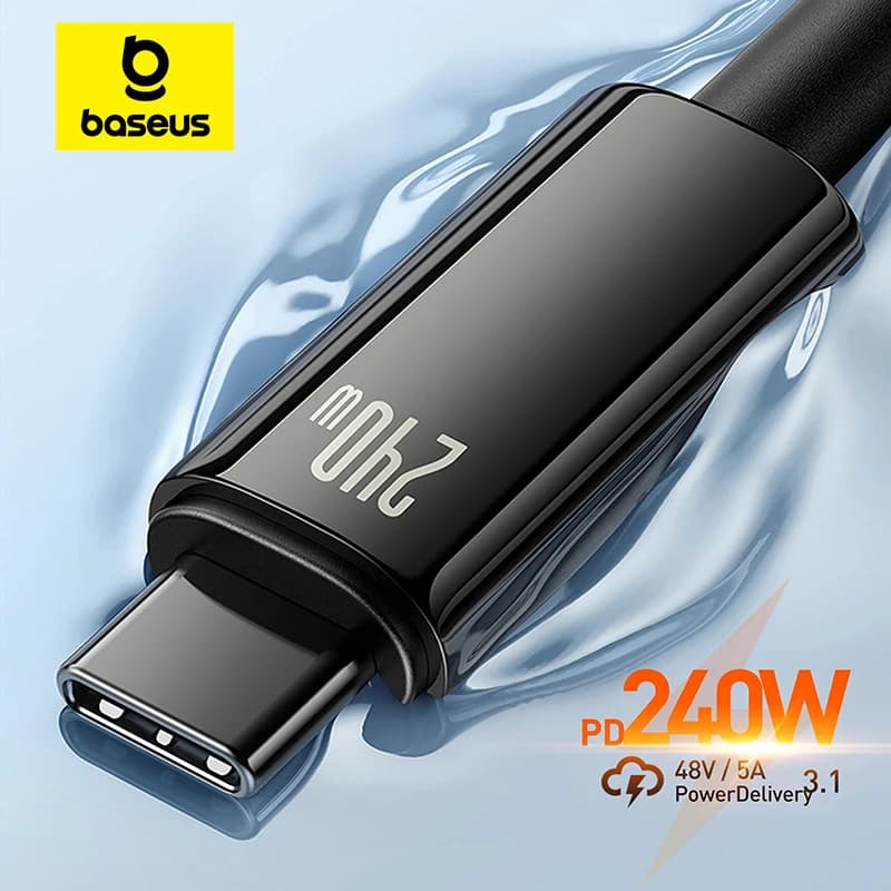 كابل Baseus 240 واط USB C لهاتف iPhone 17 و16 و15 بلس برو ماكس شحن فائق لجهاز Macbook شاحن سريع كابل Type C لاجهزة Xiaomi و Samsung