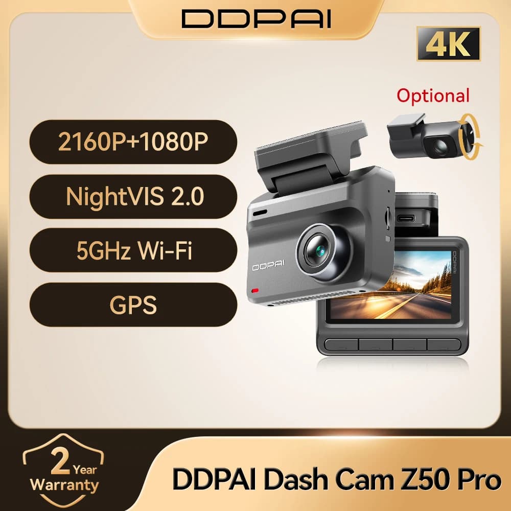كاميرا سيارة DDPAI Z50 Pro بدقة 4K مع رؤية ليلية، واي فاي 5 جيجاهرتز، GPS، ADAS، وضع ركن 24 ساعة، كاميرا أمامية وخلفية