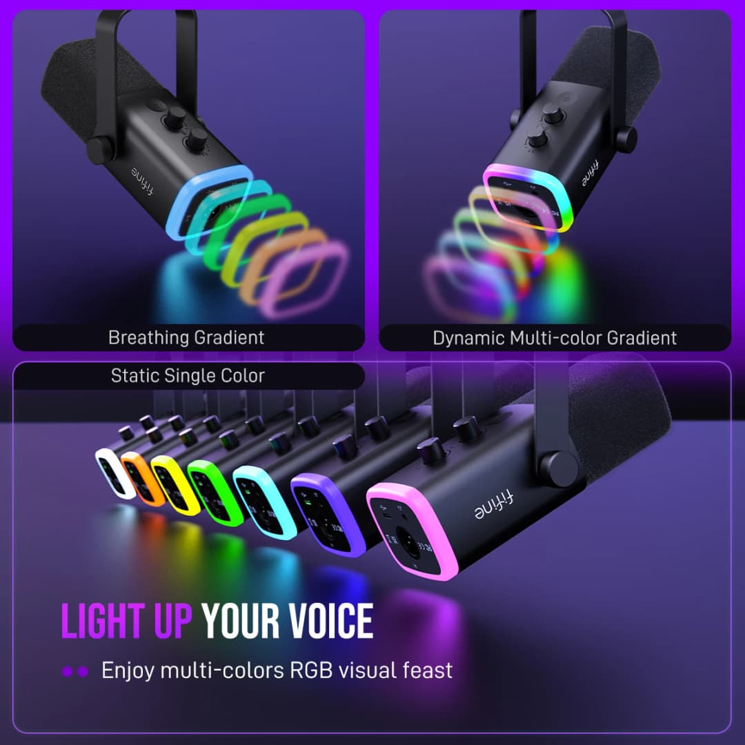 ميكروفون ديناميكي FIFINE USB/XLR مع تحكم RGB، مقبس سماعة رأس، كتم الصوت، لتسجيل ألعاب الكمبيوتر AmpliGame-AM8 - 6