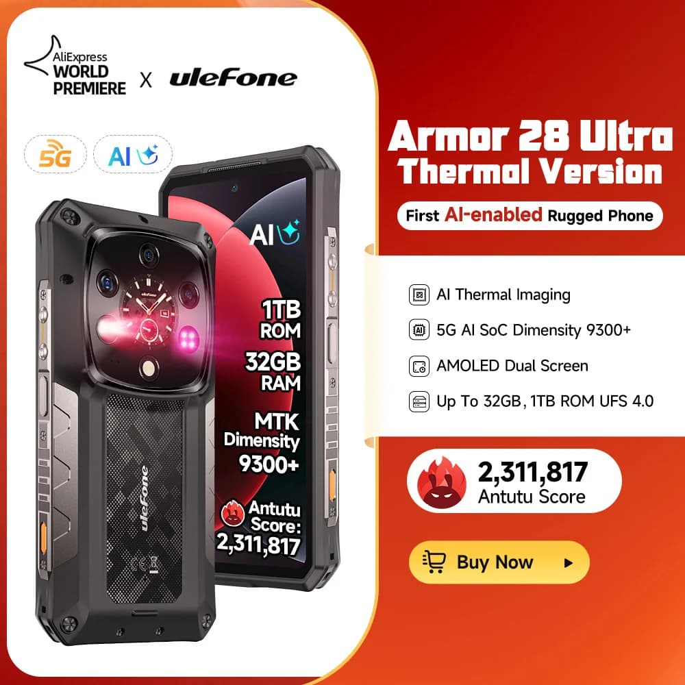 هاتف Ulefone AI Armor 28 Ultra 5G للتصوير الحراري متين بمعالج MTK Dimensity 9300+ وشاشة AMOLED بنظام أندرويد وسعة تخزين 1 تيرابايت