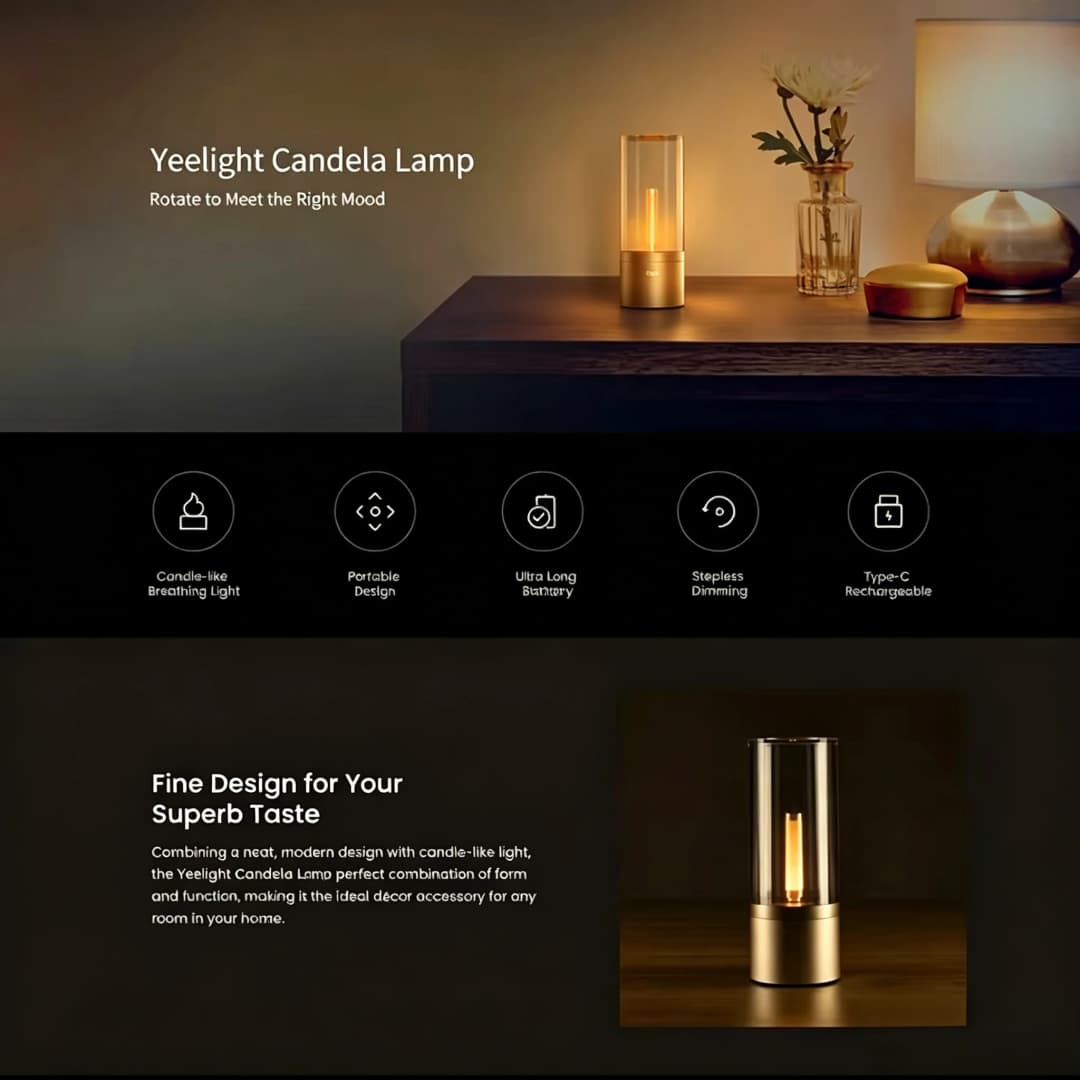 إضاءة شمعة Yeelight القابلة لإعادة الشحن، إضاءة محيطة LED، إضاءة ليلية دافئة 1800K، خافتة دوارة بلا درجات، شحن Type C - 3