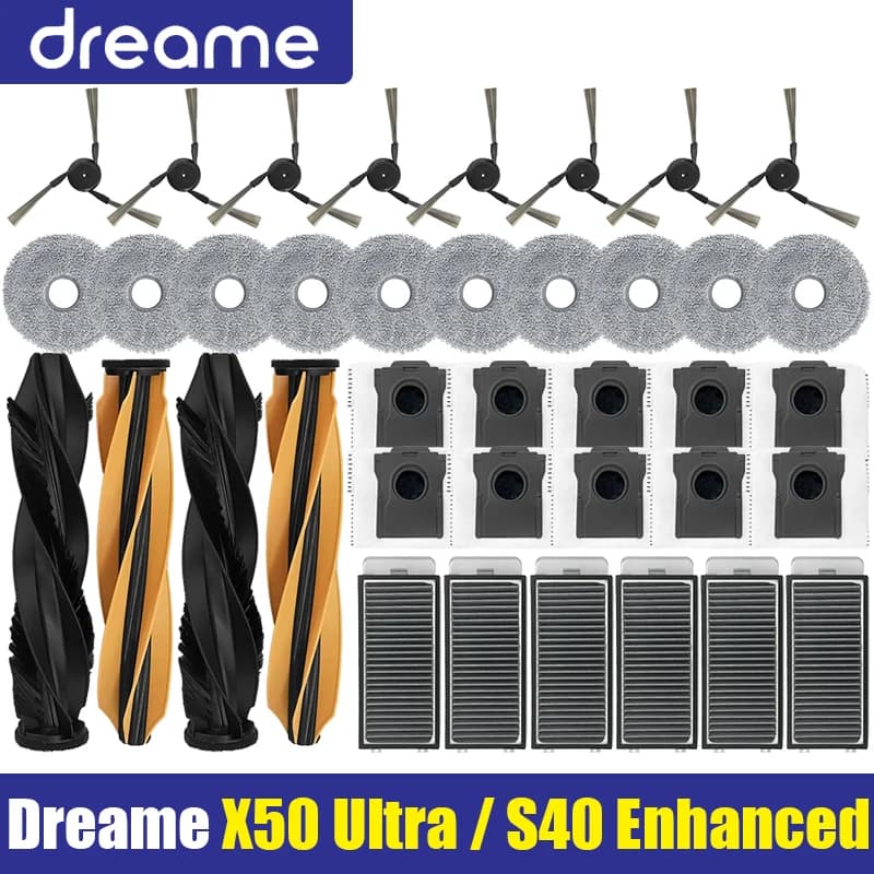قطع غيار مكنسة كهربائية Dreame X50 Ultra / S40 الإصدار المحسن، بكرة رئيسية وفرشاة جانبية وفلتر HEPA وقماش تنظيف وكيس غبار