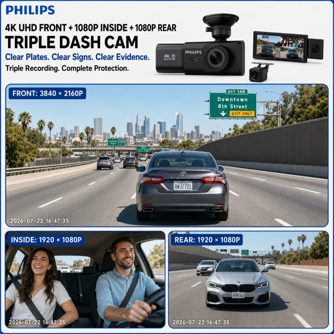 PHILIPS Dash Cam B03 4K+1K+1K HDR 3 Channel Front Cabin Rear 3.16 Inch IPS 2.4G & 5.8G WiFi APP GPS Support 24H Parking Car DVR - 2