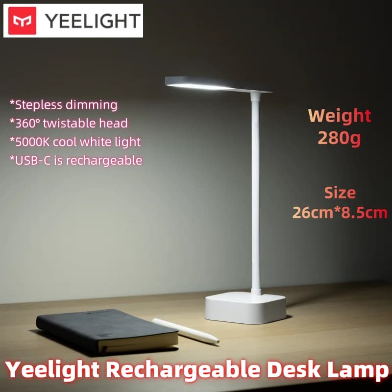 مصباح طاولة قابل لإعادة الشحن من Yeelight Jasmine، مصباح قراءة، إضاءة ليلية، إضاءة بيضاء باردة 5000K، قابل للالتواء 360 درجة، تعتيم تدريجي، منفذ USB-C