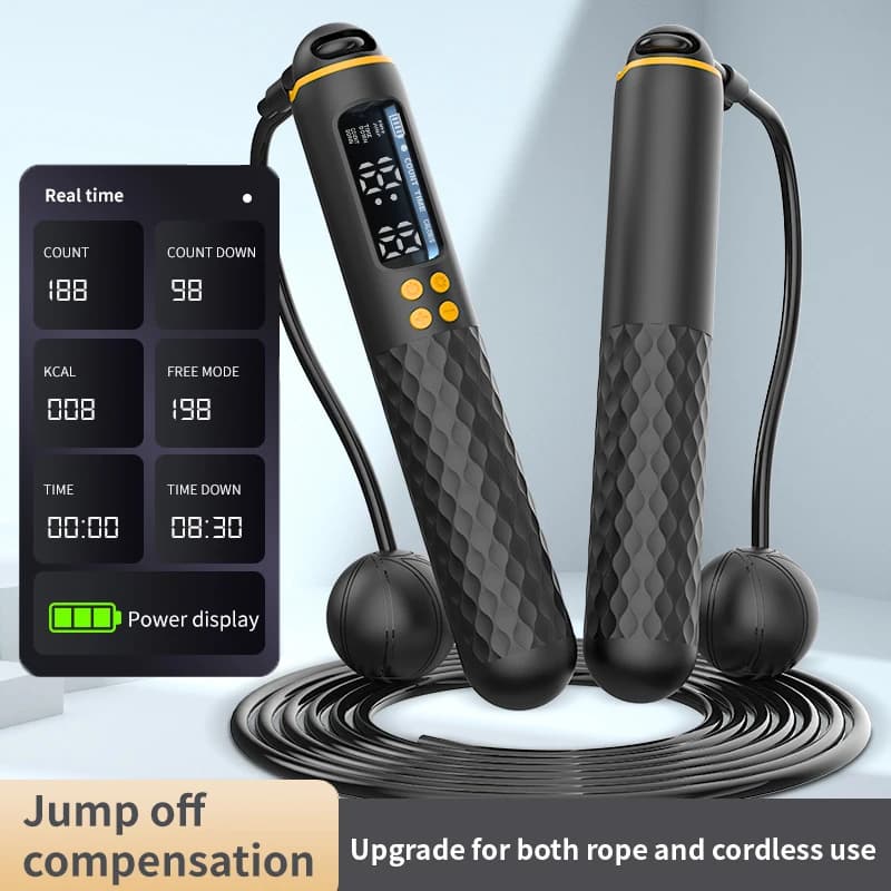 حبل قفز إلكتروني قابل للشحن عبر USB - حبل سلك قابل للتعديل مع مدرب رقمي لاسلكي لعد السعرات الحرارية