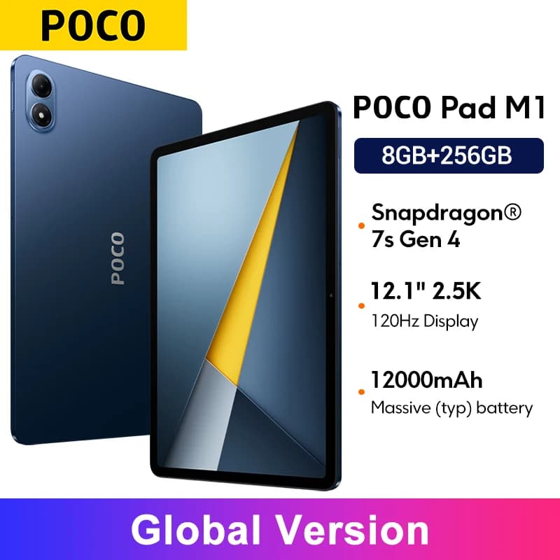 الإصدار العالمي POCO Pad M1 مع معالج Snapdragone 7s Gen 4، كاميرا 8MP، شحن سريع 33W، شاشة 120Hz بحجم 12.1 بوصة بدقة 2.5k ووضوح كريستالي