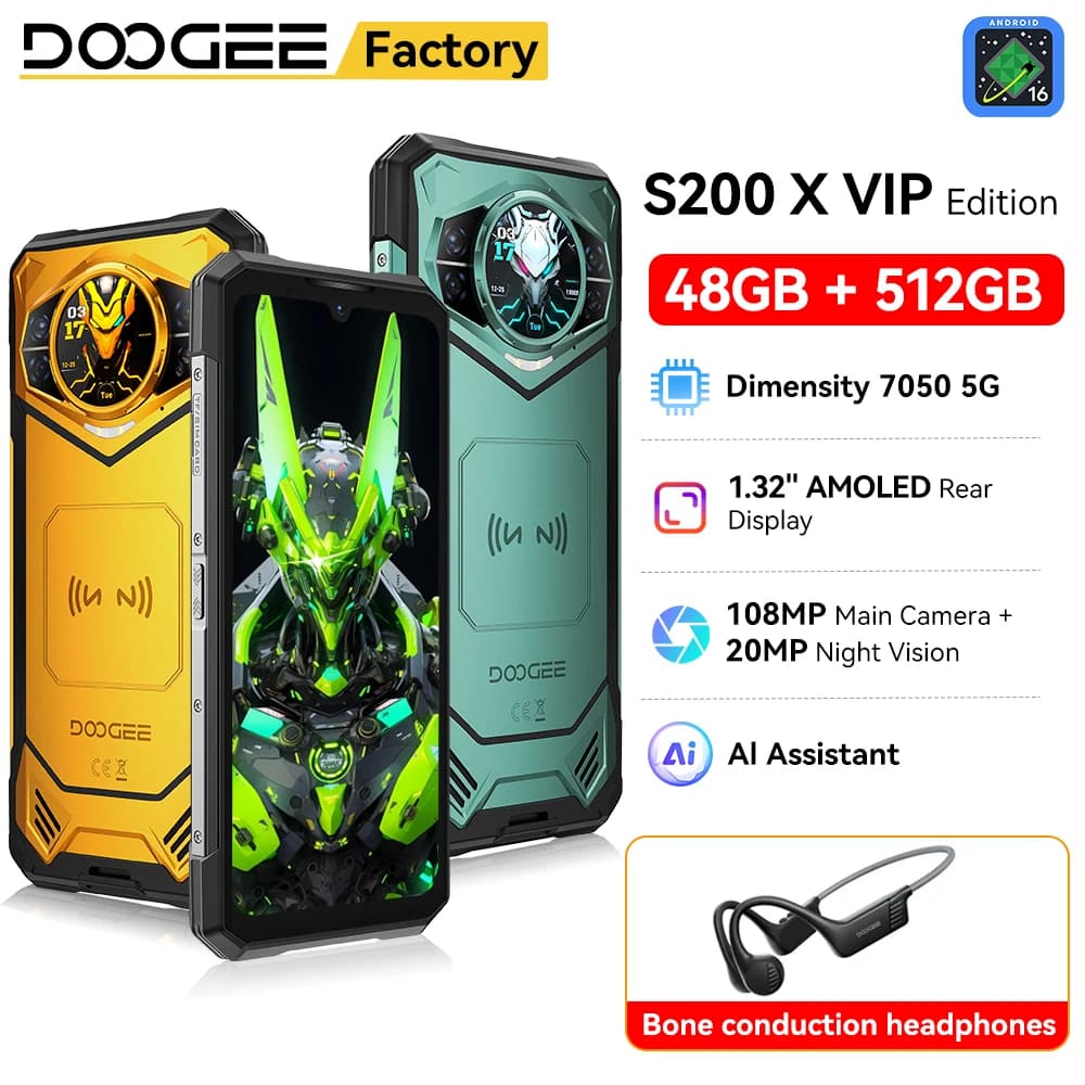 هاتف دوغي S200 X إصدار VIP متين 5G شاشة 6.72 بوصة FHD+ بمعدل تحديث 120 هرتز معالج دايمنسي 7050 سعة 48 جيجابايت + 512 جيجابايت بطارية 10100 مللي أمبير كاميرا 100 ميجابكسل أندرويد 16