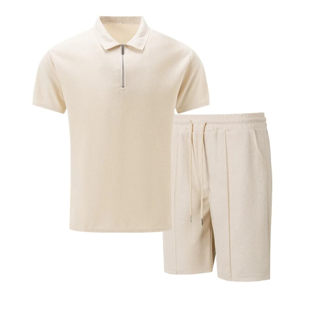 2026 Men Europe and the United States new summer Waffle solid color zip-up lapel short-sleeve suit shorts two sets - 2