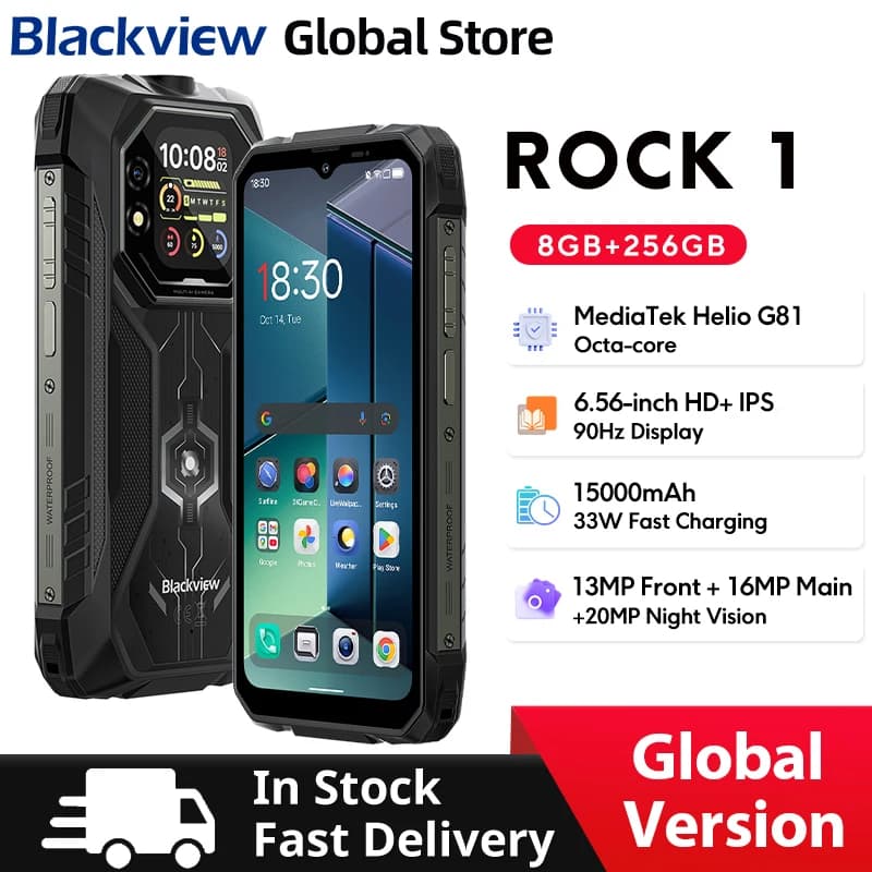 هاتف بلاك فيو روك 1 الذكي المتين بشاشة 6.56 بوصة بمعدل تحديث 90 هرتز وذاكرة 256 جيجابايت ومعالج ميدياتيك هيليو جي 81 ونظام أندرويد 16 وNFC وكشاف وبطارية 15000 مللي أمبير