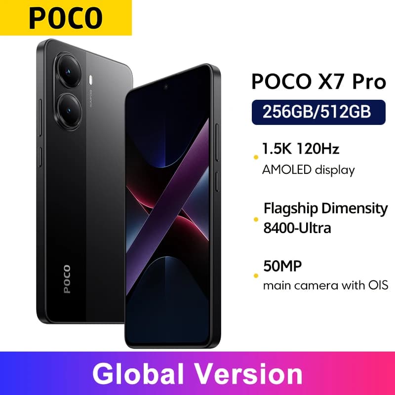 هاتف ذكي POCO X7 Pro نسخة عالمية 6.67 بوصة شاشة AMOLED بدقة 1.5K بمعدل تحديث 120Hz معالج 8400-Ultra شحن فائق السرعة 6000 مللي أمبير 90 واط NFC