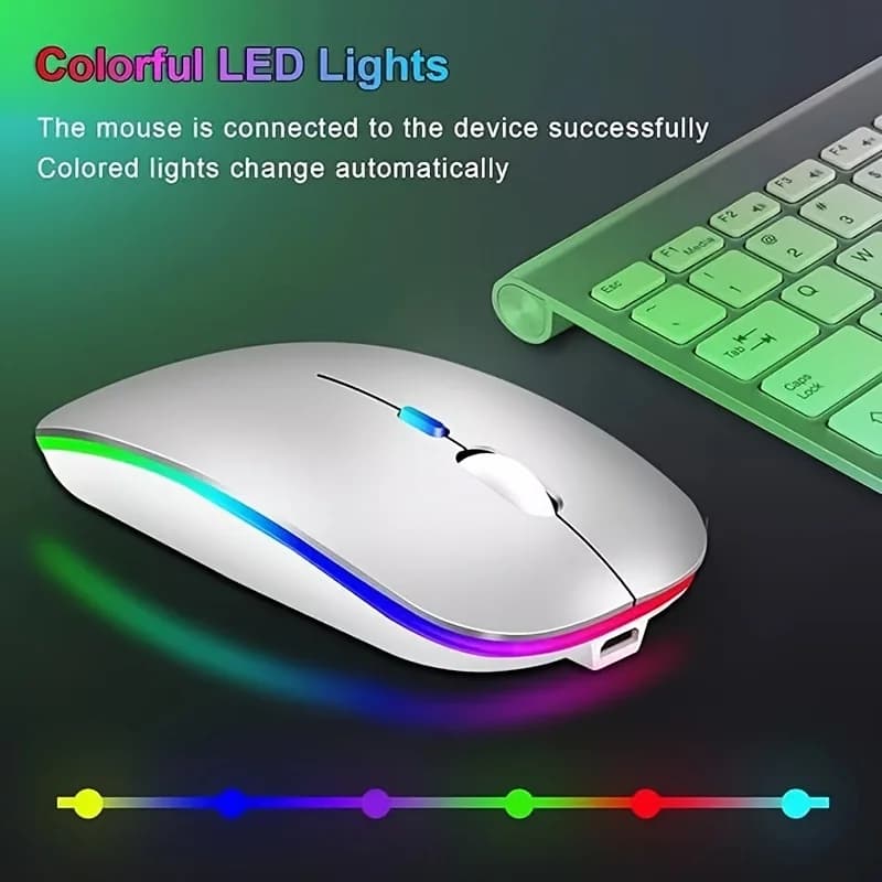 فأرة لاسلكية رفيعة جداً قابلة لإعادة الشحن مع إضاءة LED، وضع مزدوج (بلوتوث و 2.4G)، متوافقة مع آيباد، لابتوب، كمبيوتر، ماك، ويندوز - 2
