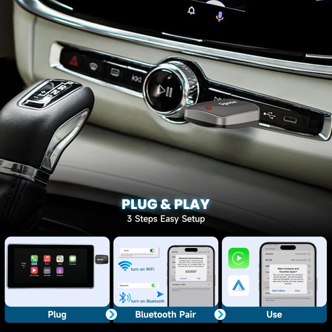 Spedal 2-in-1 Wired to Wireless CarPlay Adapter & Android Auto Wireless Adapter Plug & Play - 3