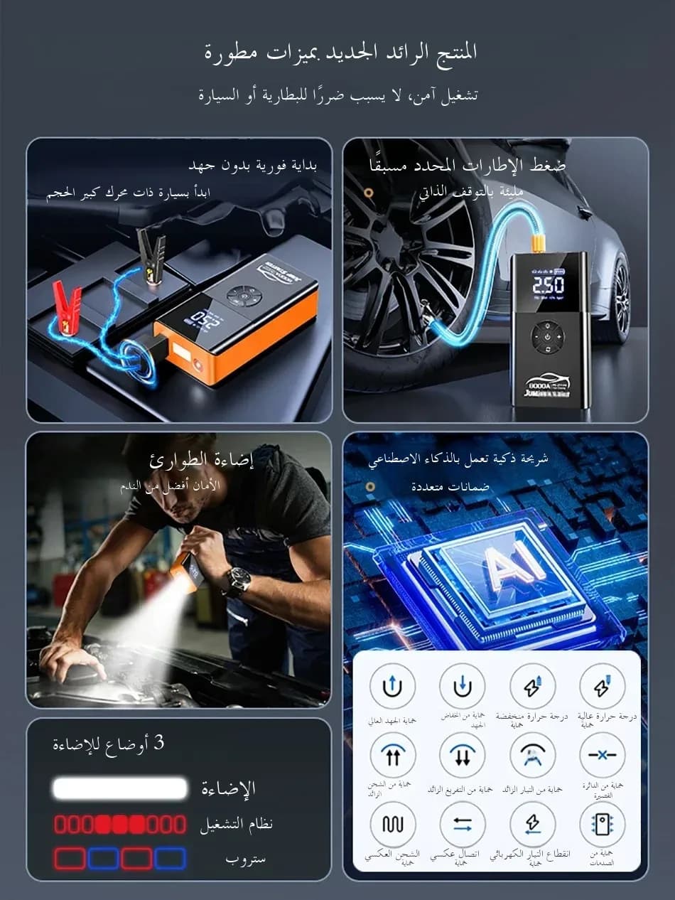 منفاخ سيارة قوي 8000 أمبير، 180psi، شاحن بطارية متعدد الوظائف 12V، بنك طاقة مع مضخة هواء - 6