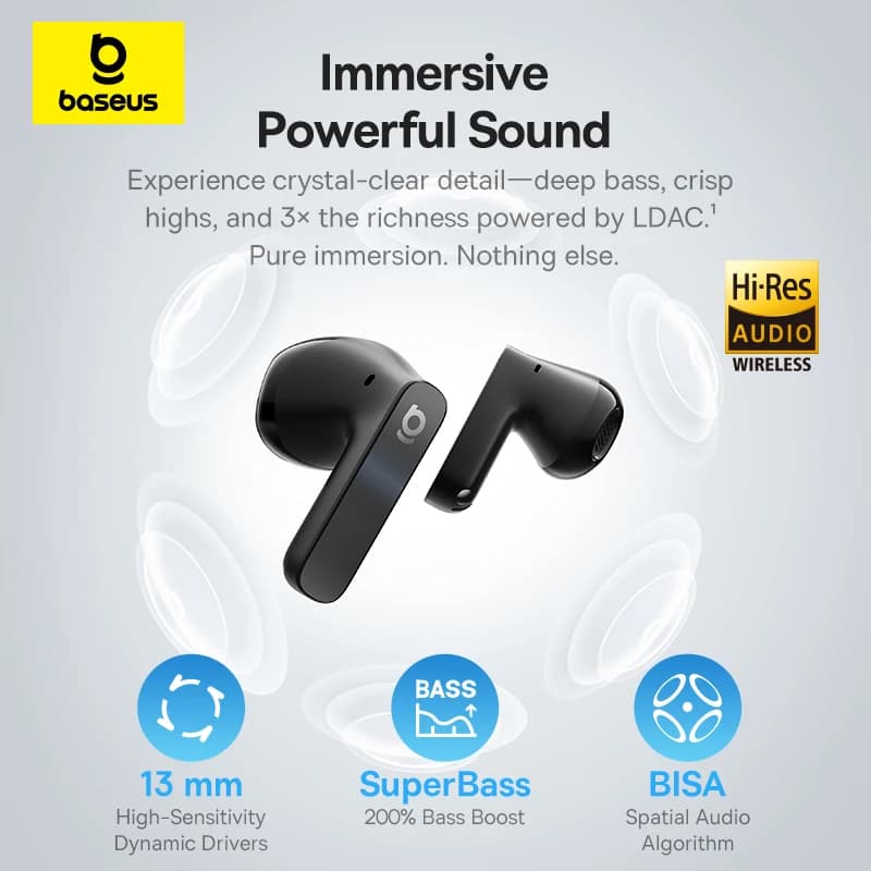 Baseus Bass BS1 NC -40dB Realtime Adaptive ANC Wireless Earbuds Bluetooth 6.0 Semi-Open Earphones LDAC Hi-Res Audio 6-Mic AI ENC - 4