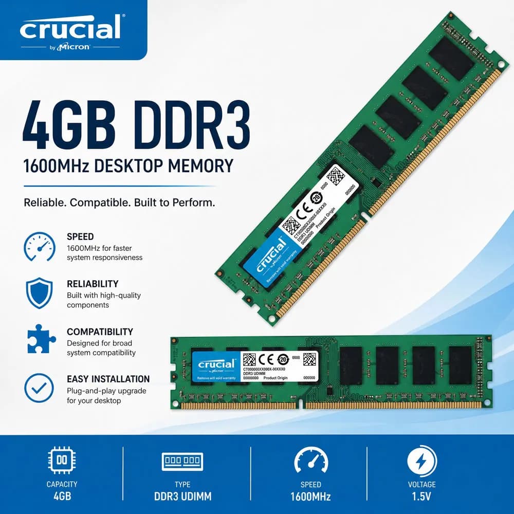 ذاكرة رام لسطح المكتب Crucial DDR2 DDR3 DDR3L بسعات 2 جيجابايت و4 جيجابايت و8 جيجابايت بسرعات 667 و800 و1333 و1600 و1866 ميجاهرتز، غير مُصححة وغير مخزنة