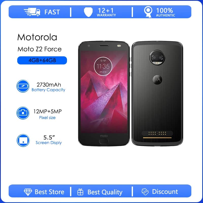موتورولا موتو Z2 فورس XT1789 الأصلي مفتوح، 4 جيجا رام، 64 جيجا روم، 12 ميجا بكسل، 5.5 بوصة، 2730 مللي أمبير، أندرويد 7.1.1