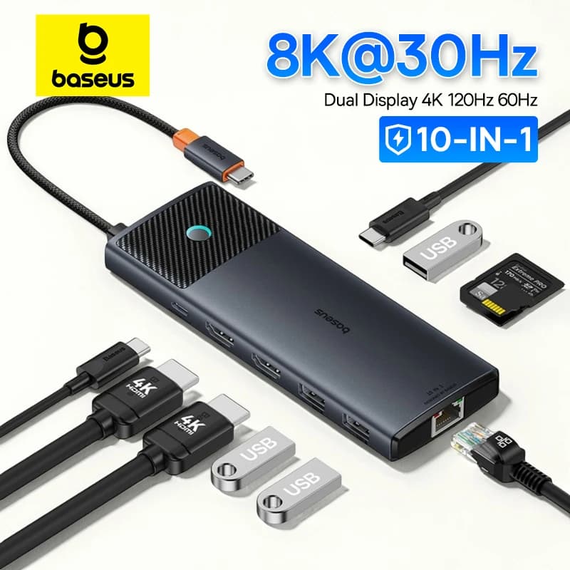 بيسوس يو اس بي سي هاب مزدوج اتش دي ام اي 8K 4K محول 10 في 1 يو اس بي 3.2 10 جيجابت في الثانية مع RJ45 SD TF تايب سي PD 100 واط لماك بوك برو اير هاب