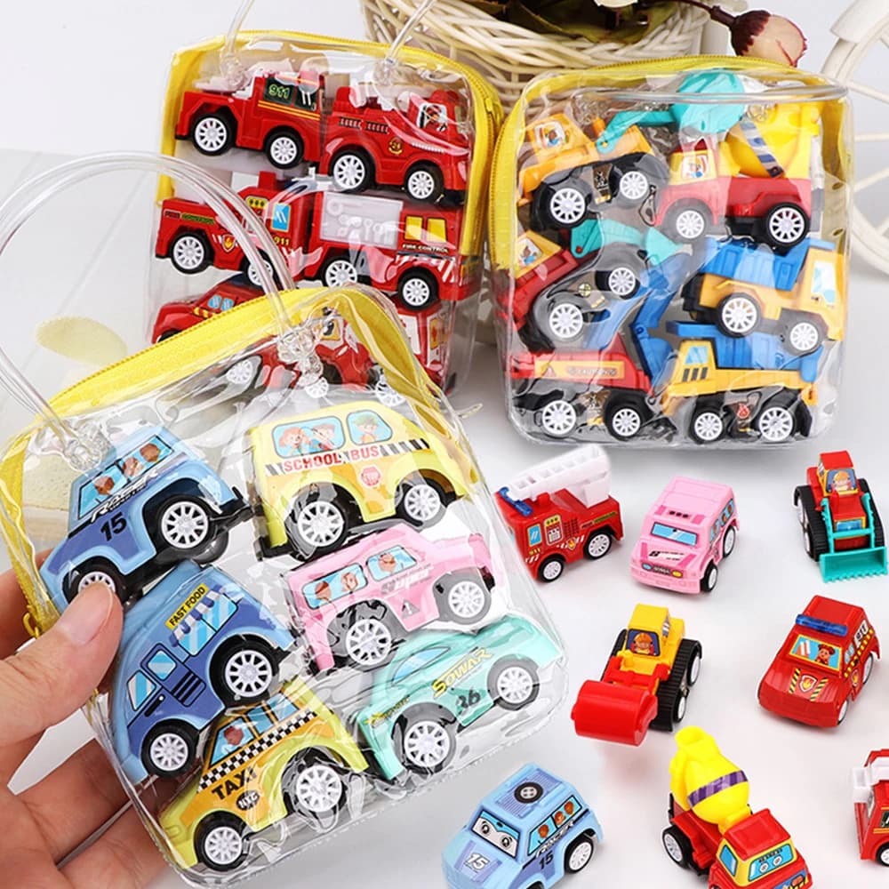 مجموعة سيارات هندسية مصغرة بالقصور الذاتي 6/12 قطعة سيارة إطفاء ألعاب كارتون للأطفال هدية عيد ميلاد