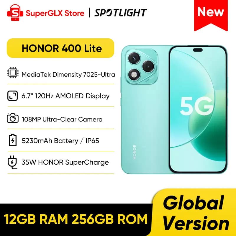 New Global Version HONOR 400 Lite 5G Mediatek Dimensity 7025-Ultra 108MP Camera 6.7" 120Hz AMOLED Screen 5230mAh 35W SuperCharge