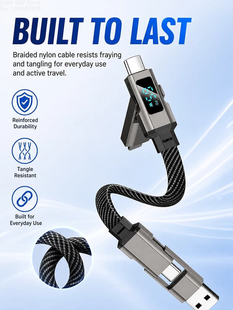 كابل شحن Aoifn 4 في 1، كابل شحن سريع USB C مع عرض طاقة LED، كابل متعدد محمول للهواتف والأجهزة اللوحية - 5