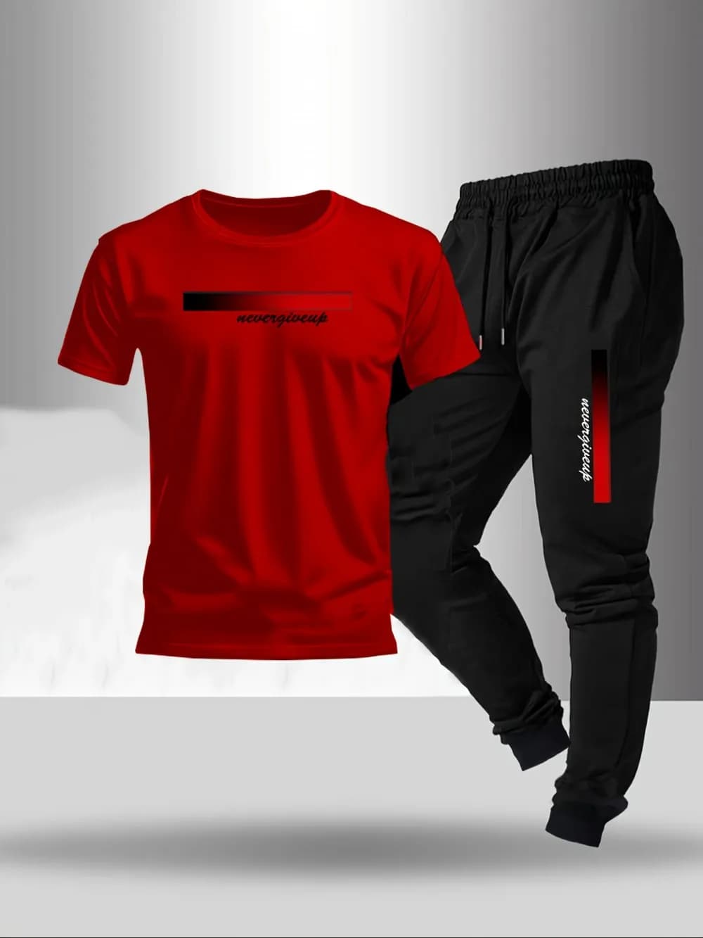 New men's fashionable letter gradient printed breathable T-shirt and drawstring pants set suitable for outdoor casual wear - 5