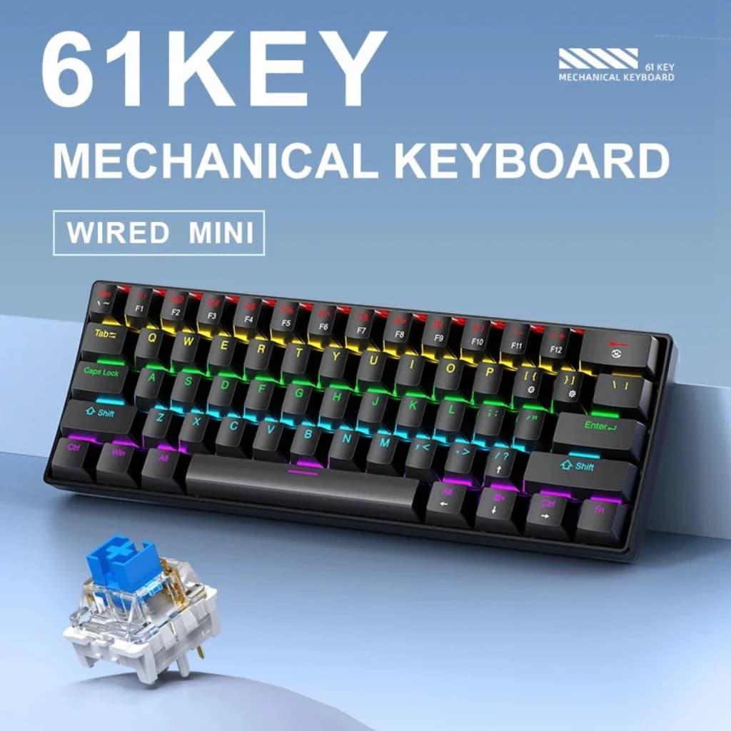 لوحة مفاتيح ميكانيكية سلكية APAYADO K61 - مدمجة 60% (61 مفتاح)، إضاءة خلفية RGB، تصميم محمول، مفاتيح Phantom، للألعاب