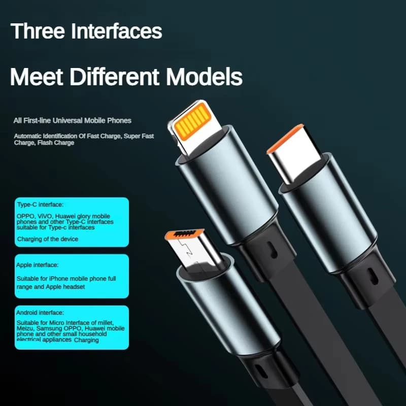كابل USB قابل للسحب 3 في 1، شحن سريع 100 واط، مايكرو USB، Type-C، أندرويد، مناسب لهواتف آيفون وشاومي وهواوي وسامسونج - 4