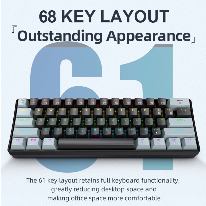 لوحة مفاتيح ميكانيكية مصغرة APAYADO K61، سلكية، 61 مفتاح، إضاءة Phantom RGB، مفاتيح ميكانيكية سوداء/بيضاء حمراء/زرقاء للألعاب، محمولة بنسبة 60%