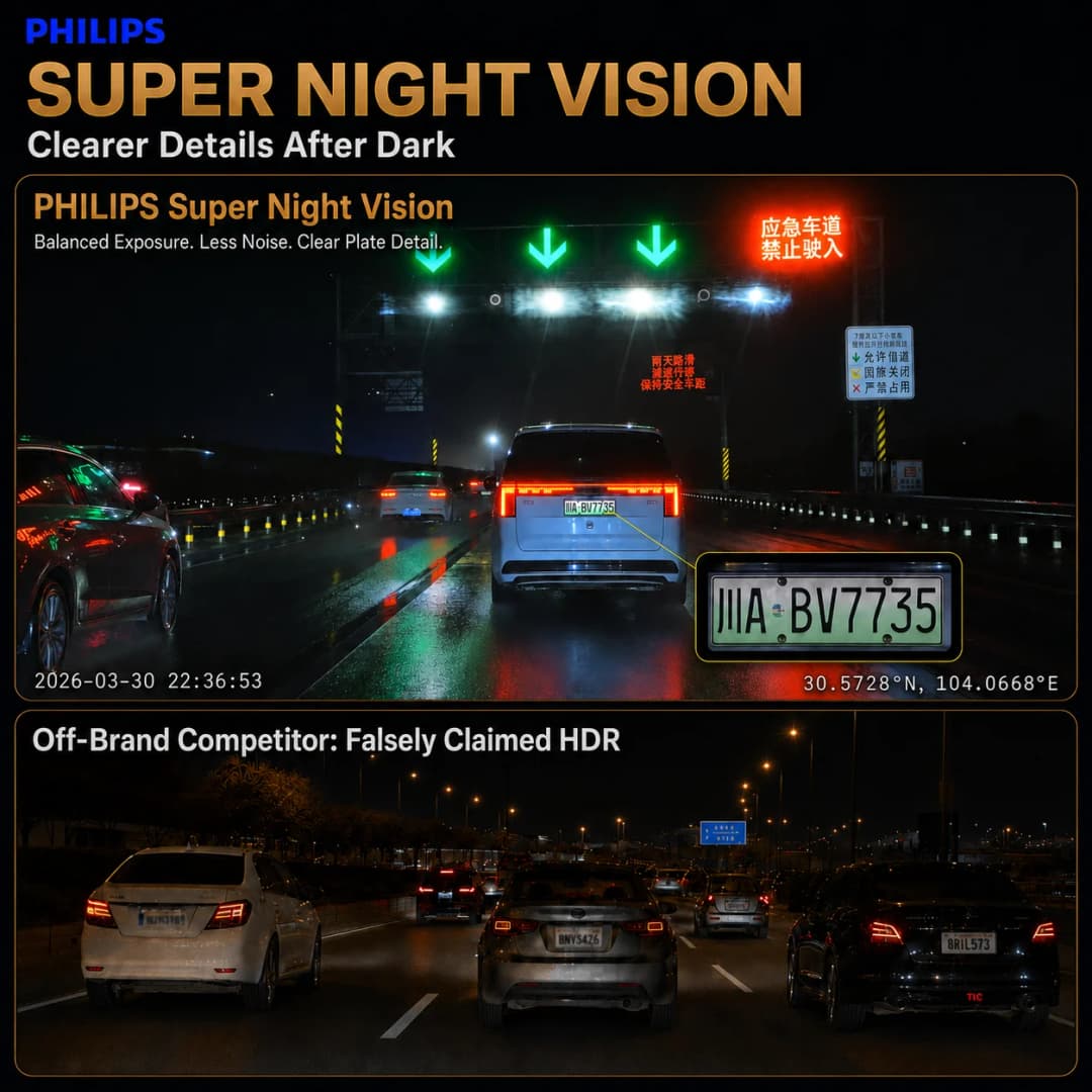 كاميرا سيارة PHILIPS Dash Cam B01 بدقة 4K+1K HDR مزدوجة أمامية وخلفية واي فاي 2.4GHz و5GHz GPS مراقبة الوقوف 24 ساعة مسجل فيديو - 4