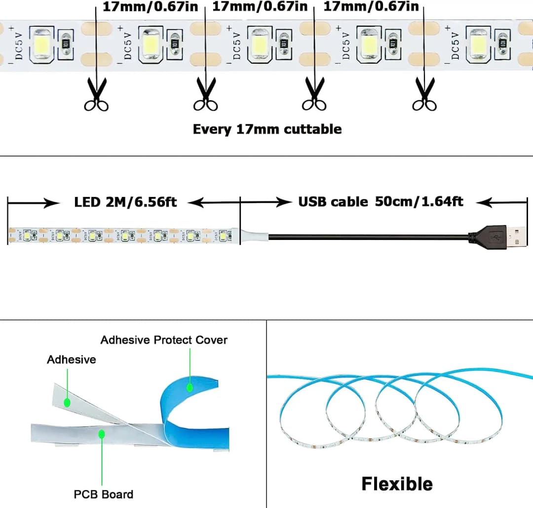 شرائط LED USB 5V، 2835 أبيض دافئ، إضاءة خلفية للتلفزيون، ديكور منزلي، مصباح LED بطول 1-5 متر - 5
