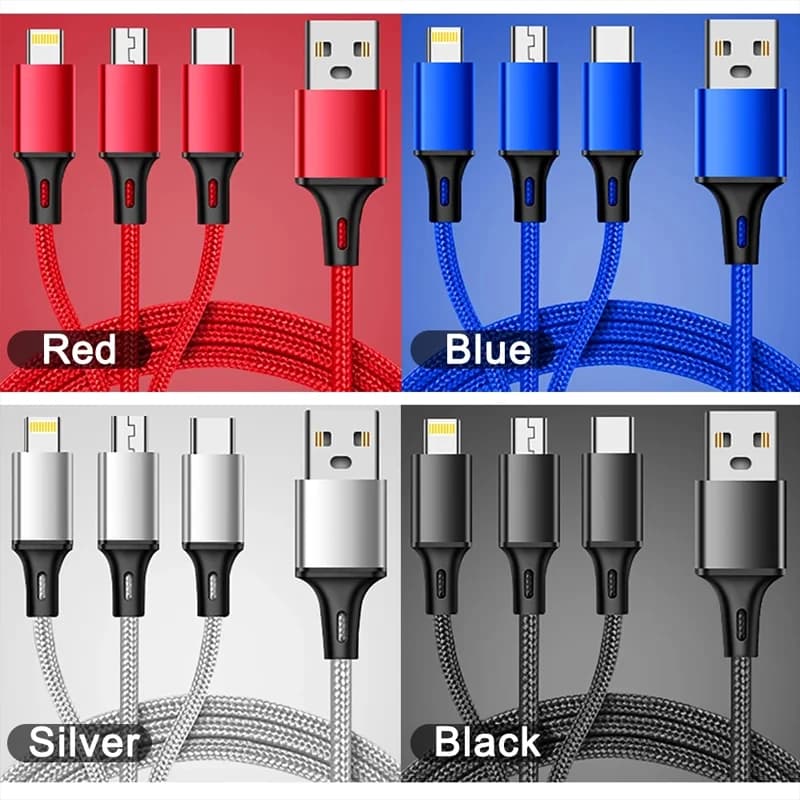 كابل شحن سريع 3 في 1 مضفر Type C وMicro وLIGHTNING كابل شحن متعدد لهواتف iPhone وSamsung وHuawei - 5