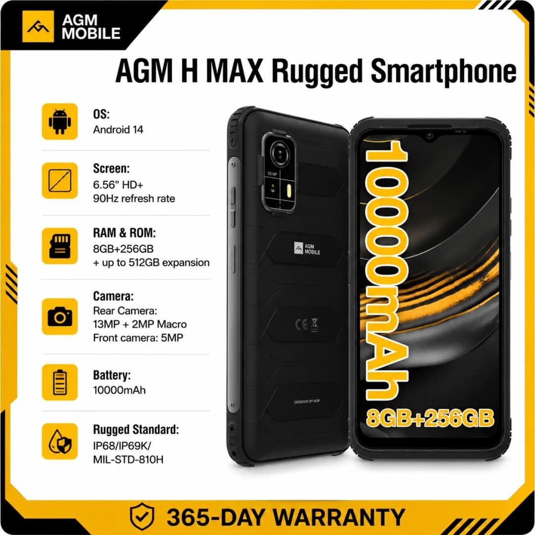 هاتف ذكي متين AGM H MAX 8+256 جيجابايت بطارية 10000 مللي أمبير شاشة HD+ 3 فتحات بطاقة NFC OTG شحن عكسي ضد الماء