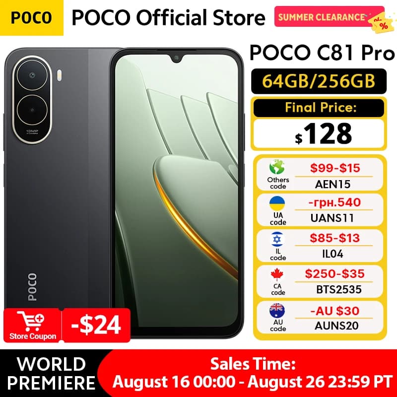 هاتف POCO C81 Pro - الإصدار العالمي، معالج UNISOC T7250، شاشة LCD بحجم 6.9 بوصة، كاميرا 13 ميجابكسل، شحن 15 واط، بطارية 6000 مللي أمبير
