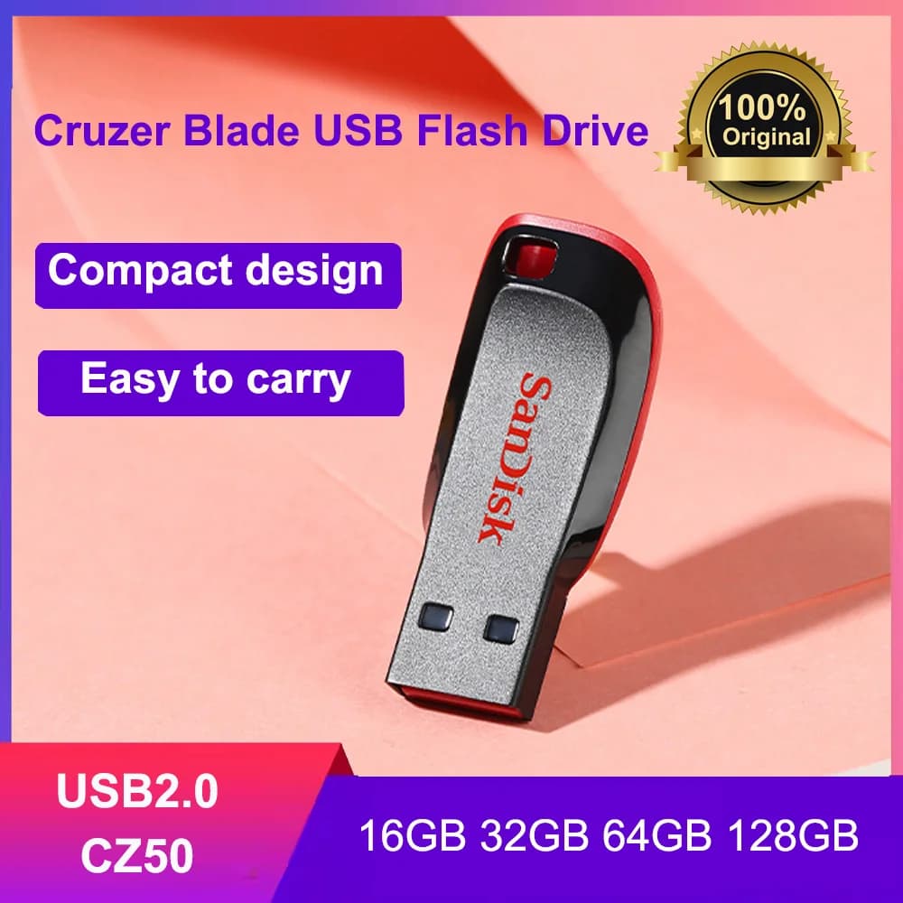 محرك أقراص فلاش USB SanDisk Cruzer Blade بسعة 128 جيجابايت و64 جيجابايت و32 جيجابايت و16 جيجابايت، قرص U، USB2.0، قلم محرك أقراص، ذاكرة USB، عصا USB فلاش SDCZ50 قرص USB