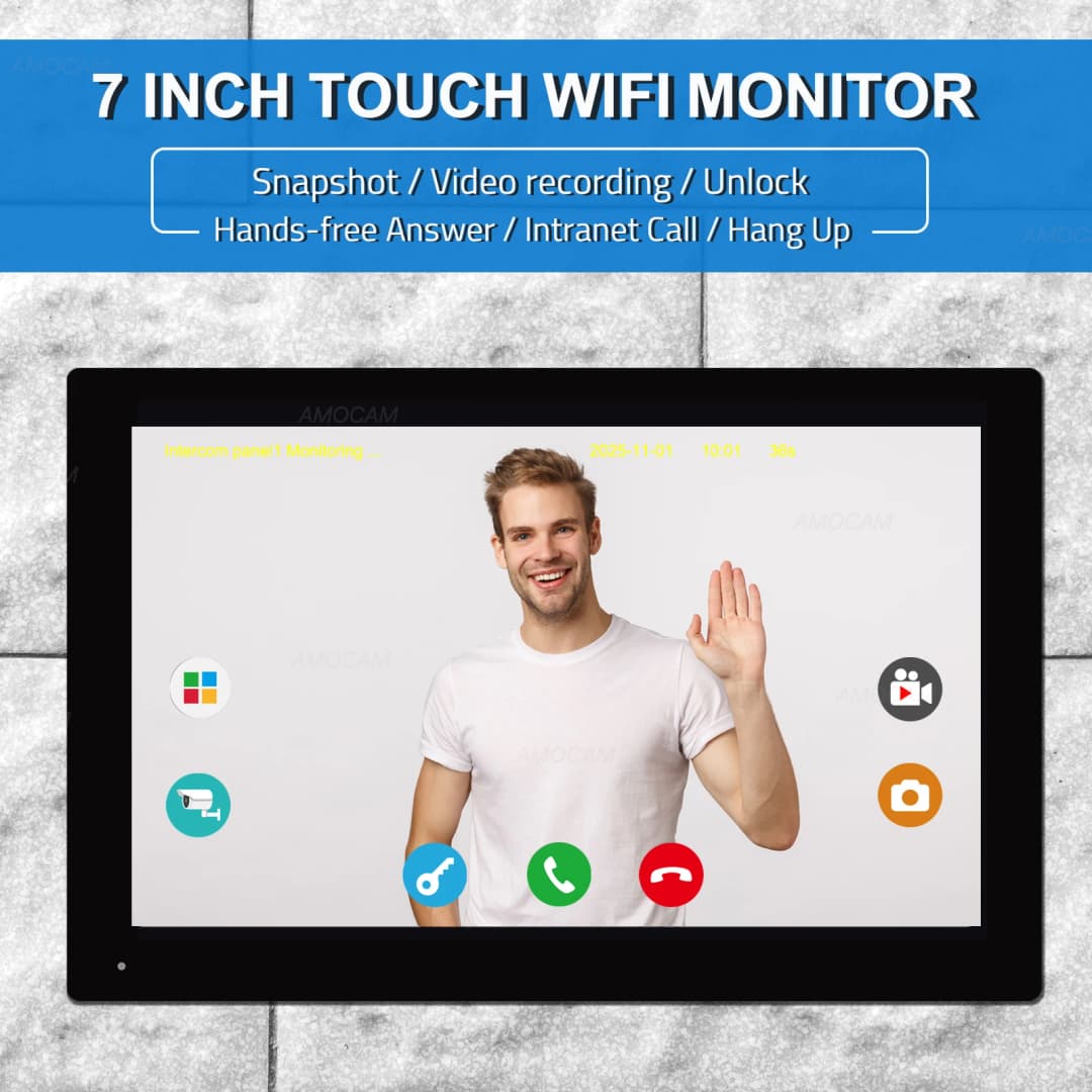 نظام جرس باب فيديو لاسلكي WiFi، كاميرا باب بدقة 1080P، شاشة لمس 7 بوصة، إنتركوم فيديو ببطاقة 32GB للمنزل 4 أسلاك - 3