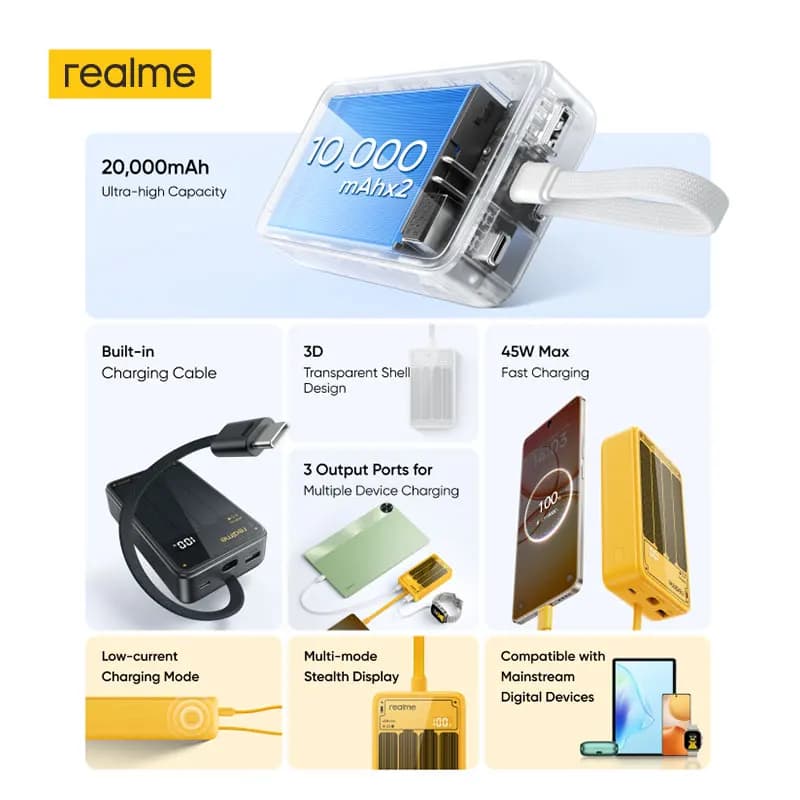 بنك طاقة realme TechLife بقدرة 20000 مللي أمبير، شحن سلكي 45 واط، كابل شحن مدمج، 3 منافذ إخراج - 2