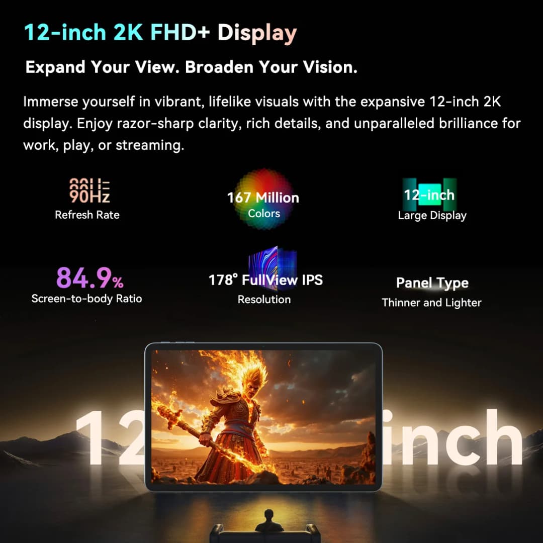 جهاز لوحي Blackview MEGA 2، شاشة 12 بوصة 2K FHD+، معالج Unisoc T615، ذاكرة رام 12 جيجابايت، ذاكرة داخلية 256 جيجابايت، بطارية 9000 مللي أمبير، كاميرا 16 ميجابكسل، نظام أندرويد 15 - 2