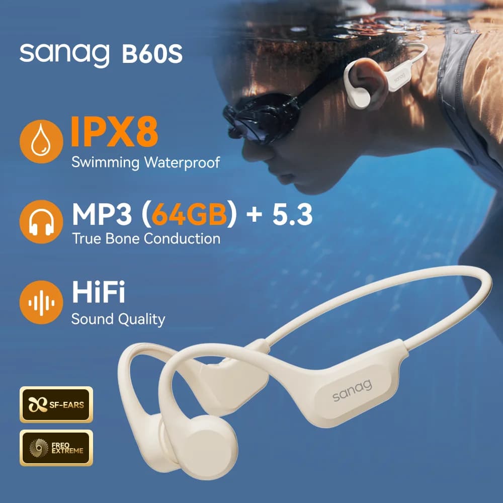سماعات ساناج B60S توصيل عظمي IPX8 سماعات بلوتوث للسباحة سماعات رأس لاسلكية مفتوحة 64 جيجابايت MP3 مع ميكروفون