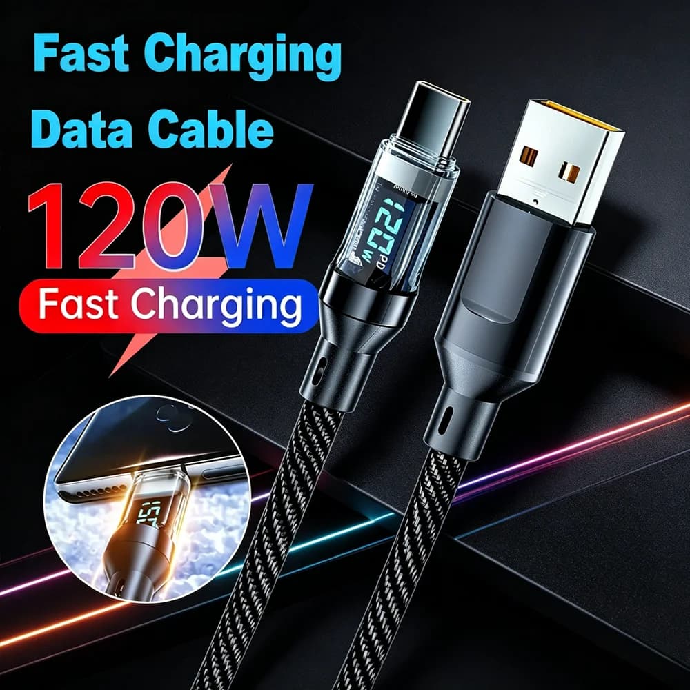 كابل شحن سريع جدًا من النوع C إلى النوع C بقوة 120 واط مع شاشة LED، كابل بيانات USB إلى النوع C لهواتف آيفون وهواوي وأوبو وفيفو