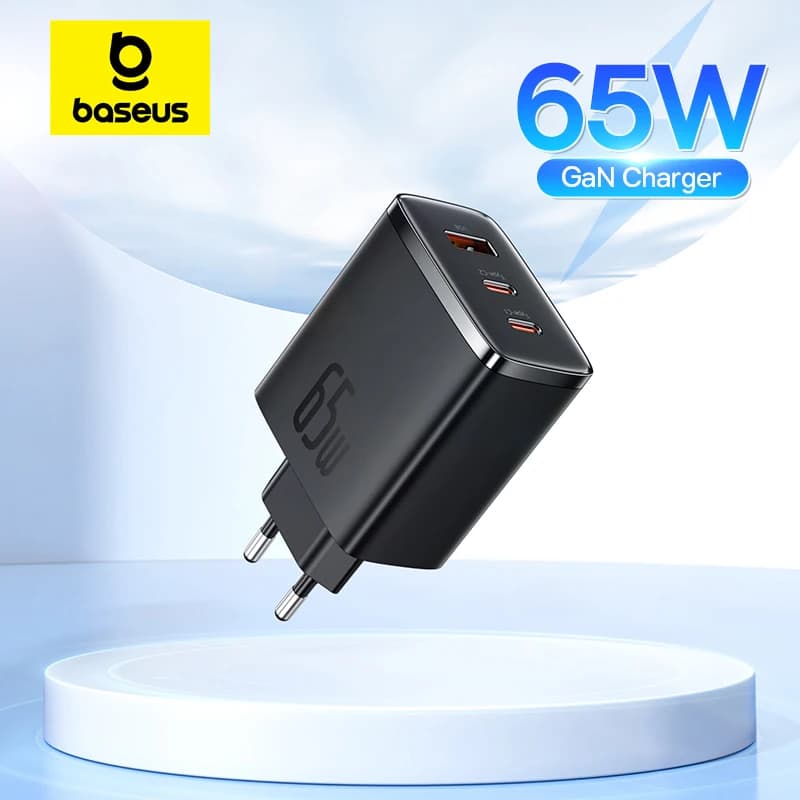 شاحن Baseus بقوة 65 واط GaN PD من النوع C وشاحن USB يدعم الشحن السريع QC المحمول لهاتف iPhone 17 و16 و15 و14 و13 و12 وشاحن الكمبيوتر المحمول