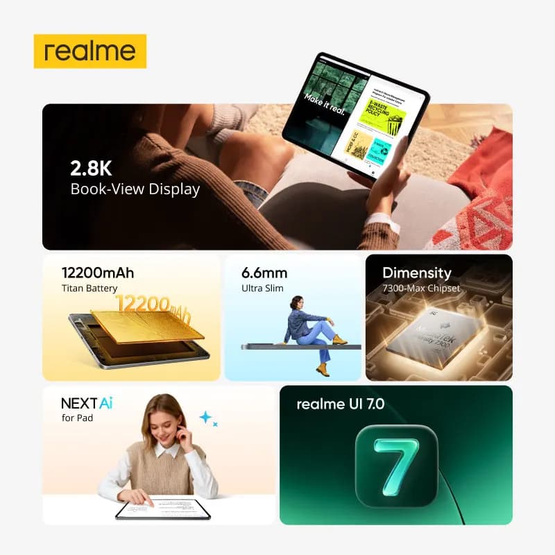 جهاز لوحي جديد ريل مي باد 3، 5G، 256 جيجابايت، شاشة LCD مقاس 11.61 بوصة، 120 هرتز، شريحة Dimensity 7300-Max، بطارية 12200 مللي أمبير، شحن 45 واط، عرض كتاب 2.8K - 2