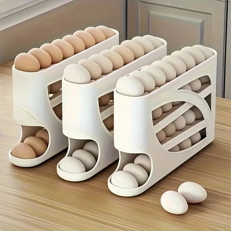 One automatic egg filling rack for the refrigerator. It slides down automatically. Saves effort and space. Large capacity - 6